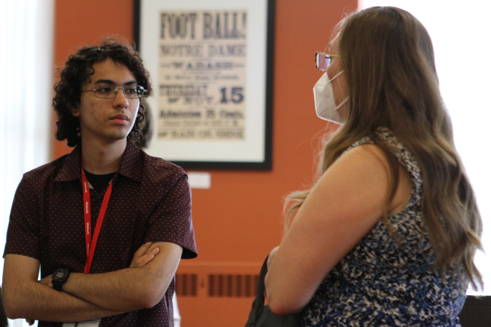 Oscar Jacome Huesca 25 chats with Associate Professor of Rhetoric Sara Drury during the WLAIP listening party.